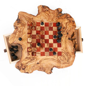 Jeu d’échecs en bois d’olivier avec cases rouges