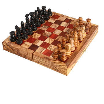 Jeu d'échecs pliable en bois d'olivier avec cases rouges
