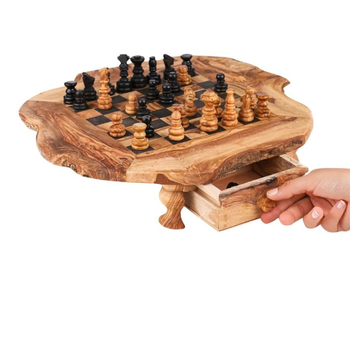 Échiquier en bois d'olivier avec rangement intégré