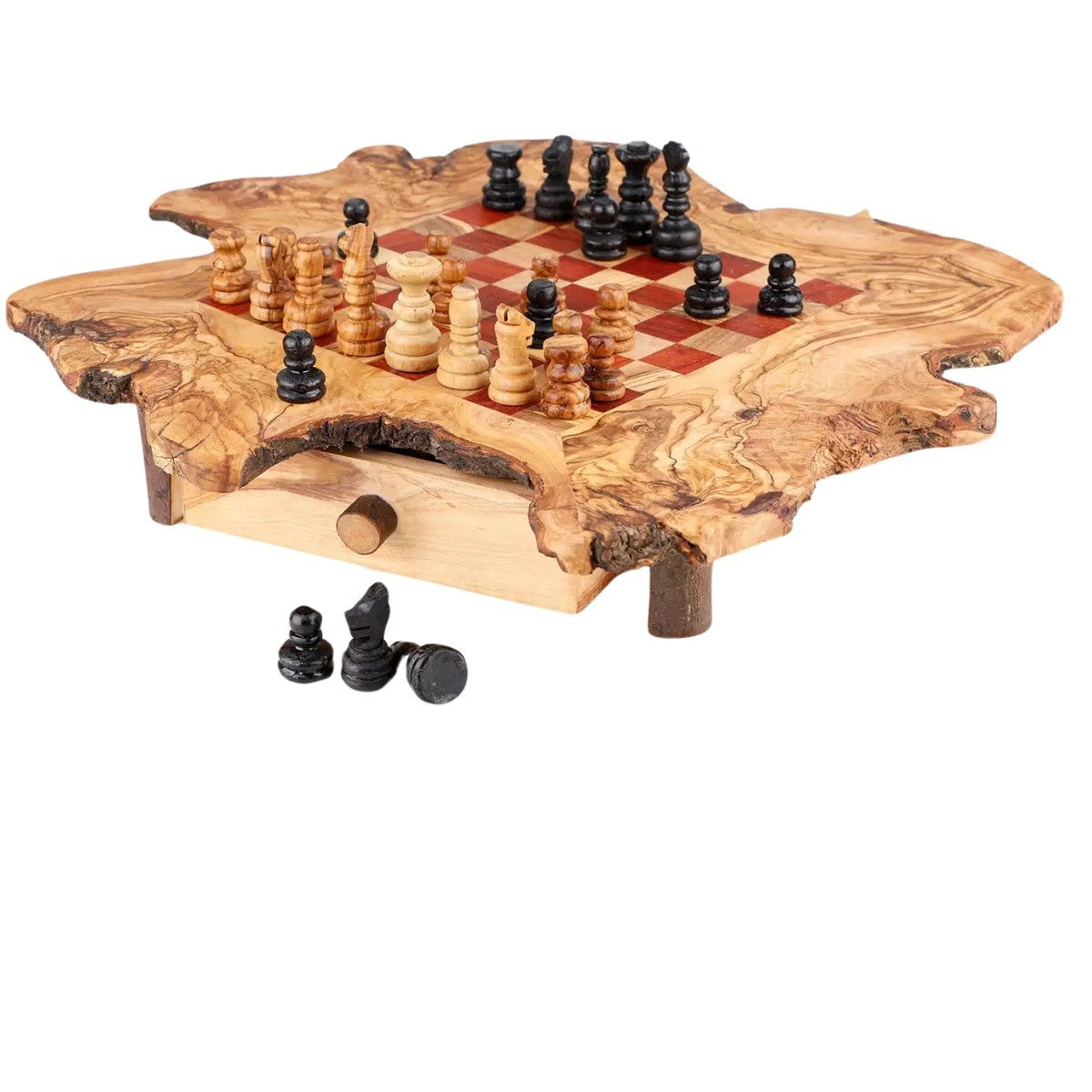 Jeu d’échecs en bois d’olivier avec cases rouges